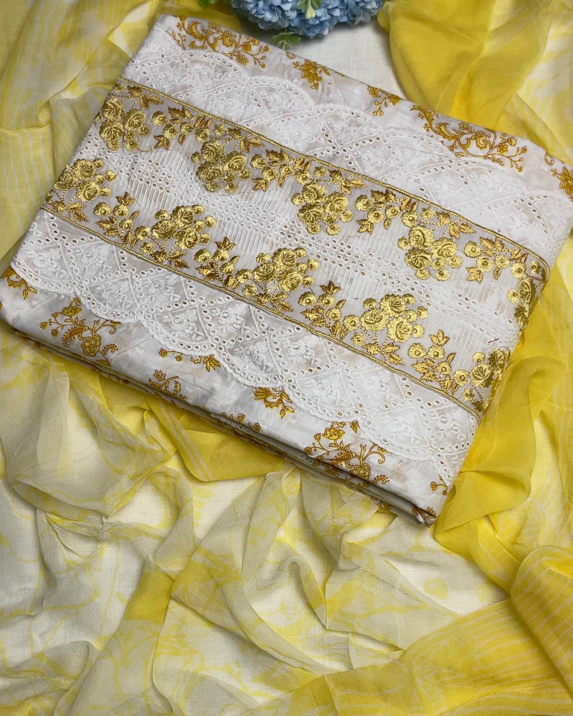 Lemon Yellow Cotton Unstitched Suit with Dupatta