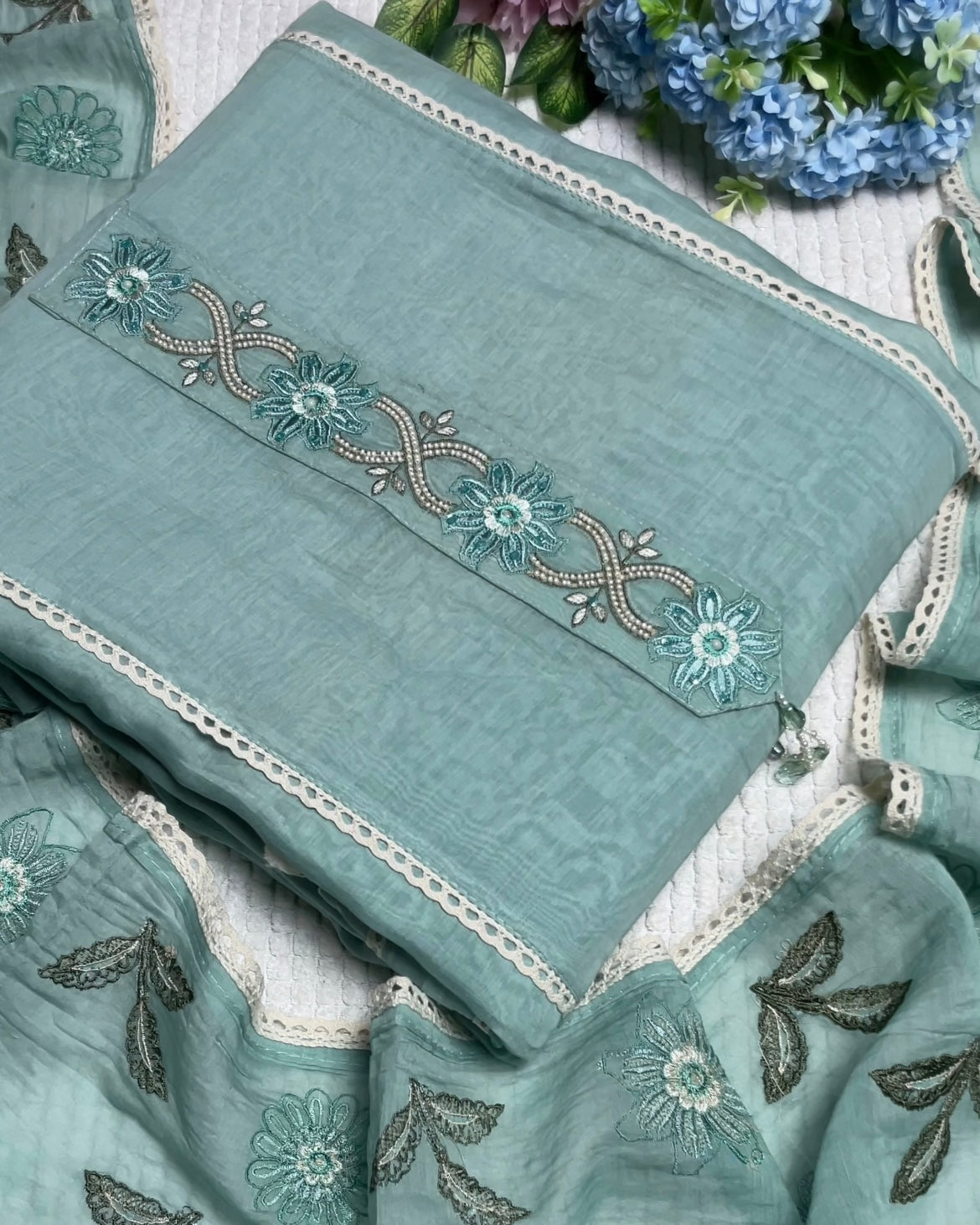 Aqua Blue Mul Cotton Unstitched Suit With Dupatta