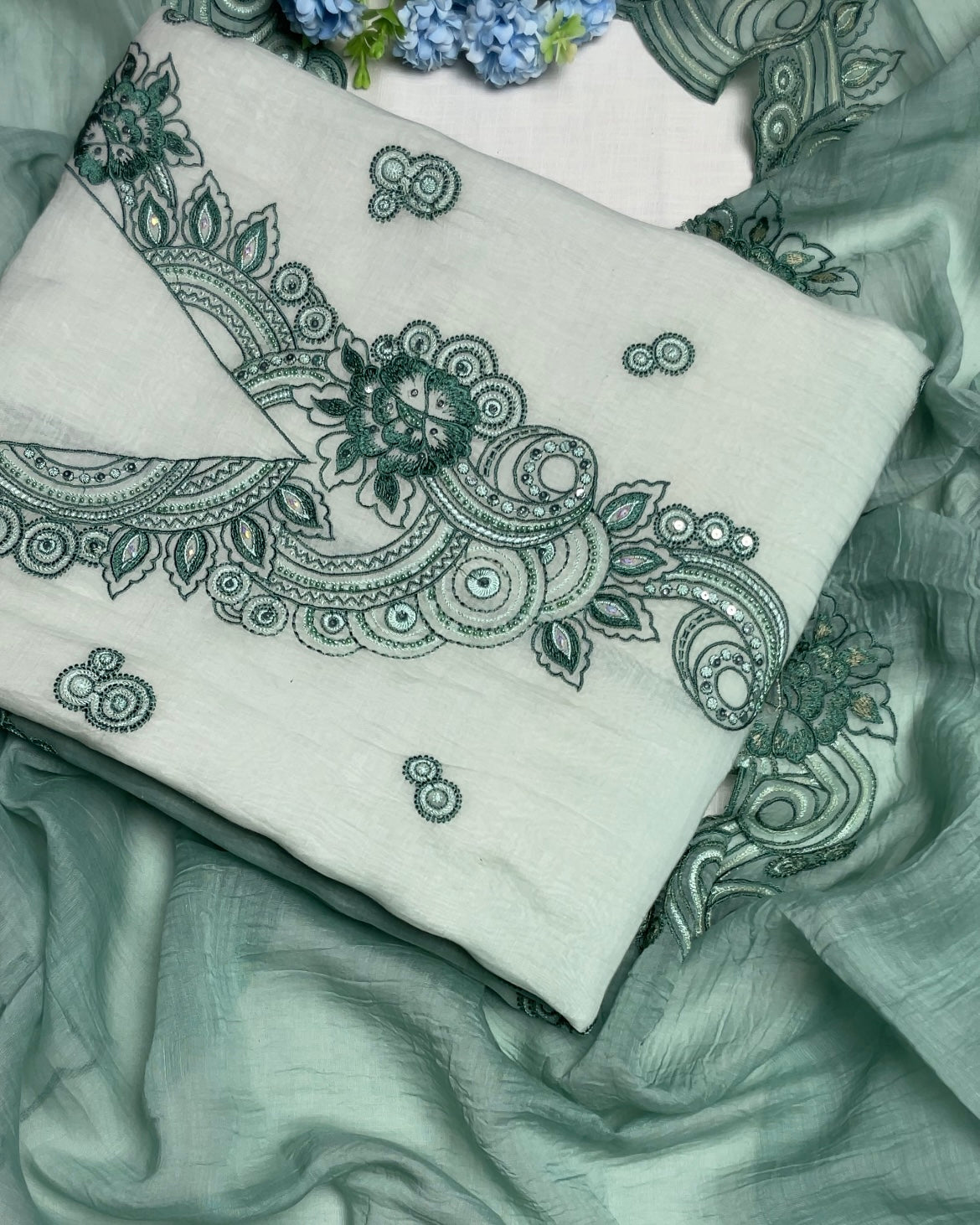 Sea Green Mul Chanderi Suit